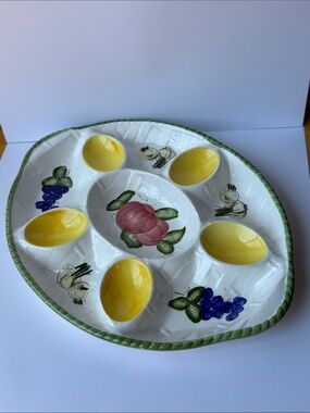 60s-70s Deviled Egg Platter. Hand-painted fruit and vegetable ceramic dish